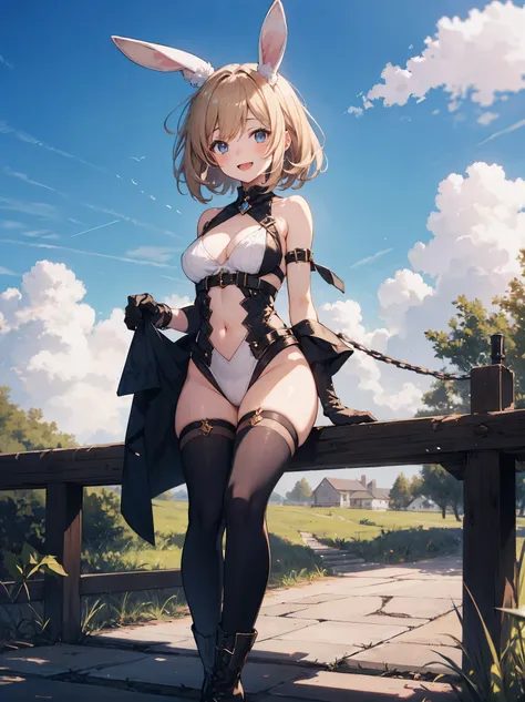 GRANBLUEfantasy,1young_teen_ girl,brown_hair,medium_bob_hair,platina_blond_hair,white_leotard,covered_crotch,thigh-highs,smile,standing,bluesky_landscape_background,slightly_spread_legs,happiness, short_gloves ,solo, r18, navel,relicbuster,short,boots,open...