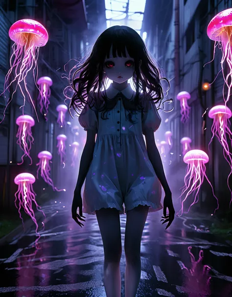 surreal horror, anime style, directed by Junji Ito, high contrast, vivid colors, eerie atmosphere, psychological tension, intricate line work, electric jellyfish