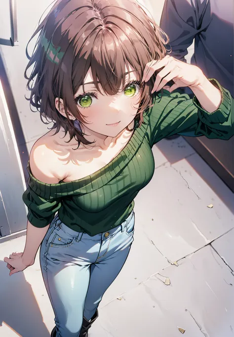 seven days, aoi hinami, short hair, bangs, brown hair, (green eyes:1.5), smile,one-shoulder sweater,bare arms,short denim,black ...