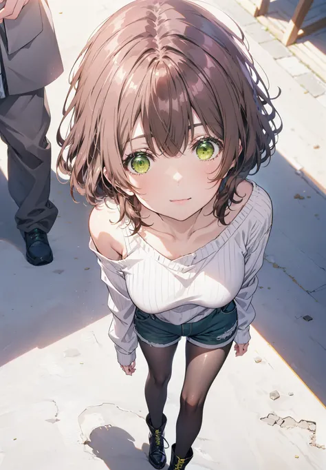 Seven days, Aoi Hinami, short hair, bangs, Brown Hair, (Green Eyes:1.5), smile,One-shoulder sweater,Bare arms,Shorts,Black pantyhose,short boots,Walking,whole bodyがイラストに入るように,
break outdoors,In town,
break looking at viewer,whole body,
break (masterpiece:1...