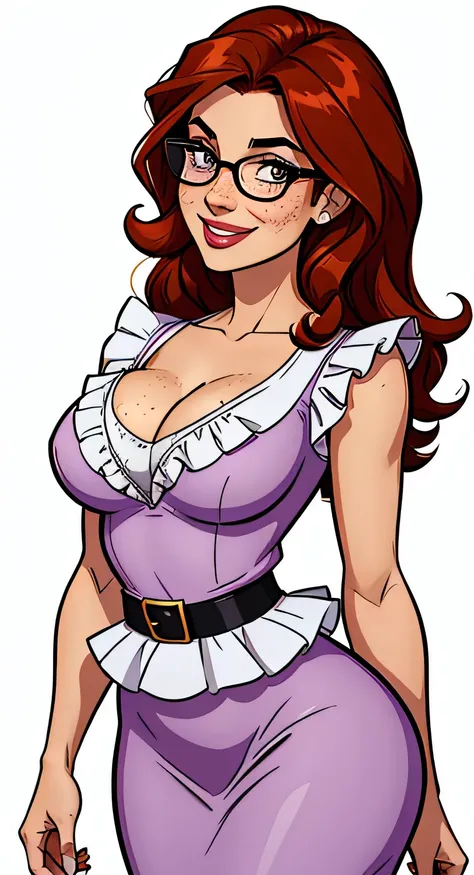 Thin woman, 4K (High definition), beautiful smiling, professor wearing a purple V-neck dress shirt (with ruffles), black belt, long white curly hair, Caucasian skin, round glasses, shoulder length wavy red hair, eyes browns, busty with freckles. comic styl...