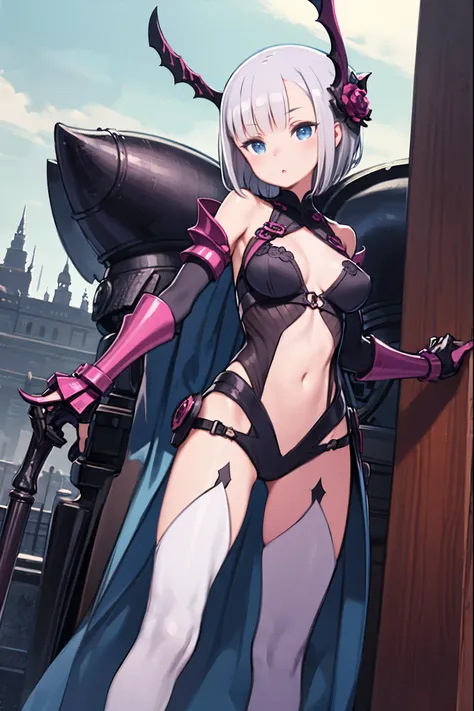 fantasy, 1girl,young_teen, ,silver_hair, short_hair, long_bangs, bare_shoulder,thighhighs,silver_armor, waist_armor, large_breasts,half_eyes,floating, bare_crotch, headgear,gauntlet, greaves,city_background,slightly_spread_legs, solo, groin_naked,hair_over...