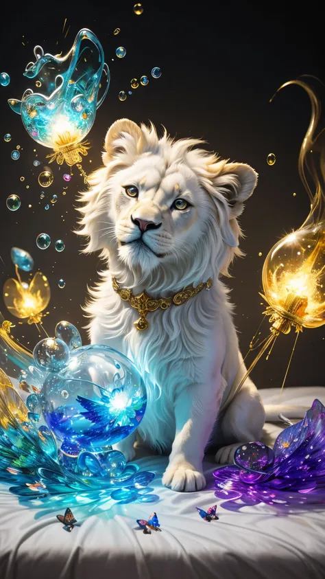 splash art,  luminism, fantasy acrylic, digital painting , a  close up little  cute  magic chibi   fantasy white color lion dog in bed,  flowers,  butterflies, sparks, magic  creature made of colors, big reflective eyes, splash style of colorful paint, pai...