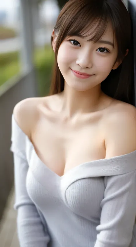 masterpiece,best quality,(Japanese girl),((Beautiful girl)),cleavage,(off shoulder:1.2),(perfect body beauty:1.2),(shy smile),from above