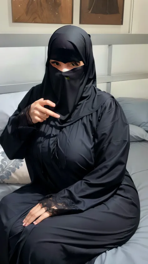 woman in black dress sitting on bed with black head covering, beautiful burqas woman, wearing black robe, wearing a black robe, burka, she is facing the camera, woman in black robes, arab ameera al taweel, wearing dark robe, beautiful arab woman, wearing b...