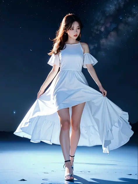 Night Grassland。In the vast sky, the Big Dipper shines brightly。A beautiful woman stands there, dressed in a white one-piece dress.。