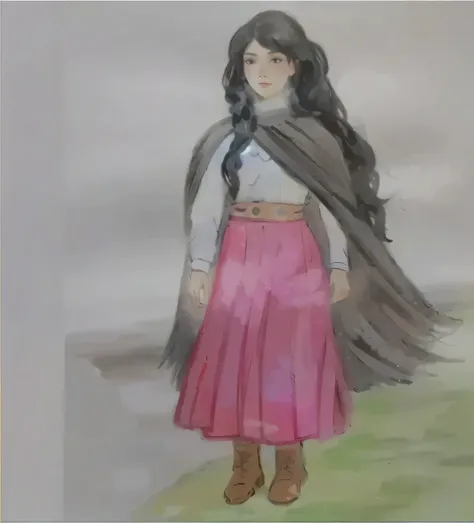 desenho de uma nativa gaucho, woman with white shirt, red skirt, gaucho, black poncho scarf, with your black hair, water colour, pastel art, colourful drawing, colored pencil drawing