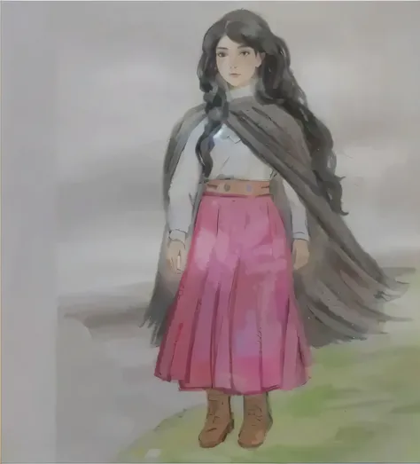 desenho de uma nativa gaucho, woman with white shirt, red skirt, gaucho, black poncho scarf, with your black hair, water colour, pastel art, colourful drawing, colored pencil drawing