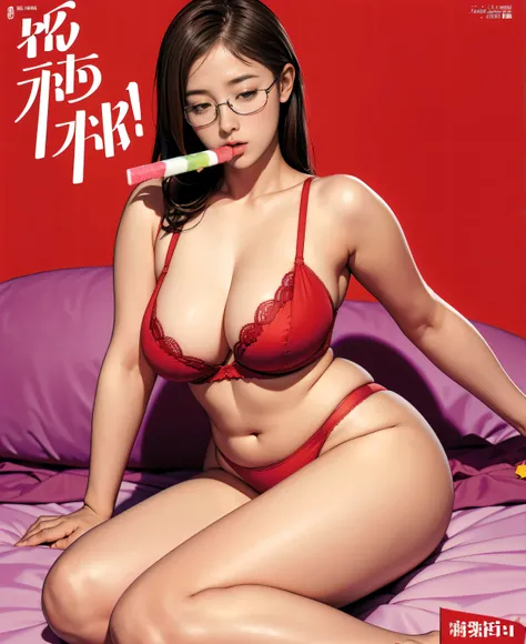 ((masterpiece)),(((highest quality))),((Reference Sheet, Character Design, in front, looking at the viewer , girl with glasses, in panties red eating popsicle~ ~ viendo al espectador, Mr..々Hairstyle, Mr..々Performance, Facial Expressions)), 30-year-old in u...