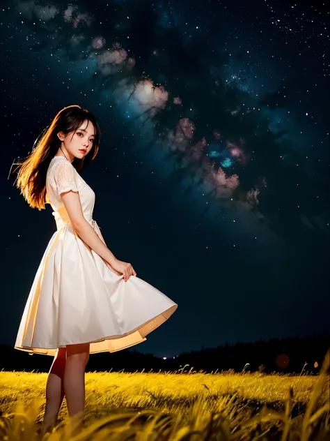 Night Grassland。In the vast sky, the Big Dipper shines brightly。A beautiful girl standing in a white dress.