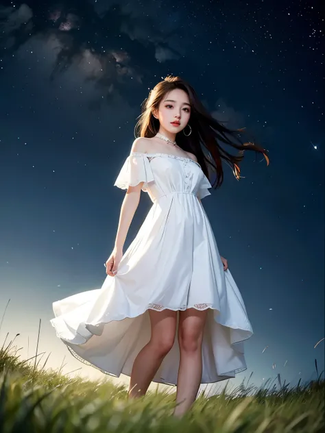 Night Grassland。In the vast sky, the Big Dipper shines brightly。A beautiful girl standing in a white dress.