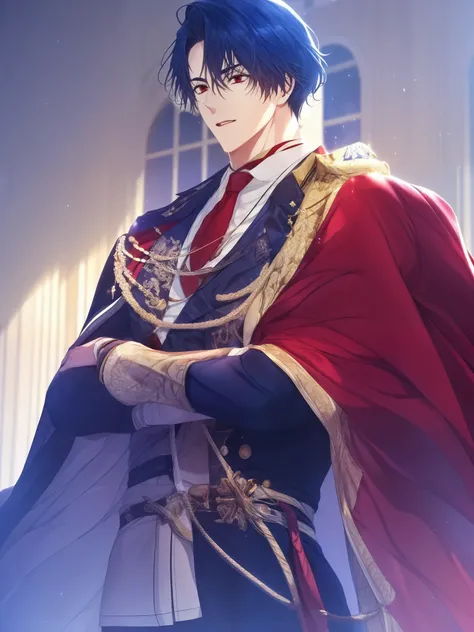 Absalon Character, tie and a jacket on standing, beautiful androgynous prince, red eyes, medium wavy hair, dark blue hair(gradient color), royal cape, red tie, leather jacket, royal jacket, jawerly, handsome prince, shin hanga, royal elegant pose, handsome...