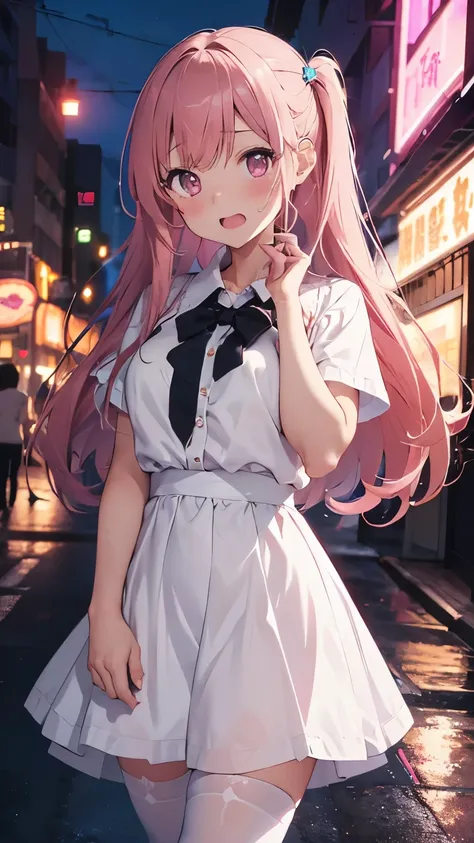 mastute piece,Best Quality,insanely detailed,8k cg,nsfw,
shoot full body,
1girl,standing,body in front,(white blouse shirt,blue long skirt,white tights), 
BREAK,
blush,shy,ecstasy face,gasping,(trembling:1.2),pink long hair,break,open mouth,(neon street:1....