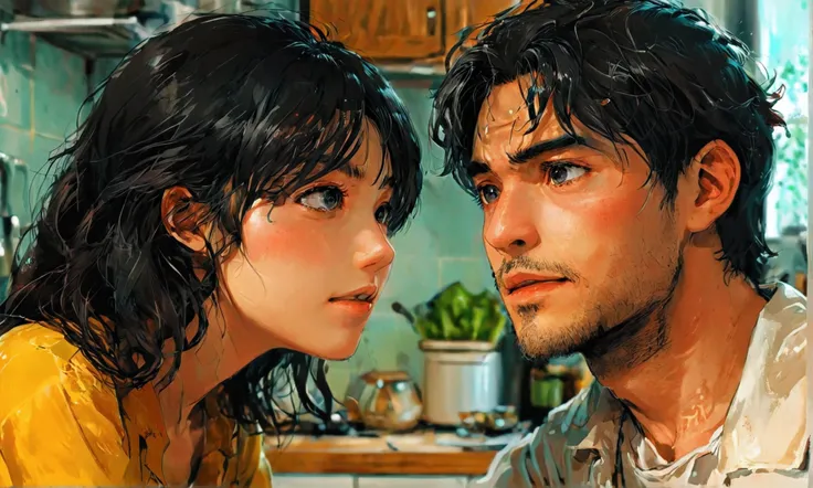 A MAN AND WOMAN TALKING INSIDE A KITCHEN,manga style,manga style art,manga style art,manga style art,manga style