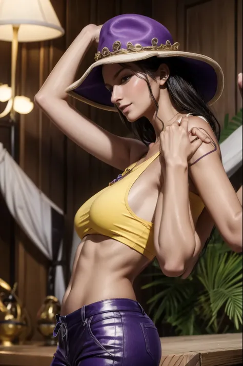 masterpiece, best quality, extremely detailed, hyperrealistic:1.1, photorealistic, a beautiful 20s russian model, ultra detailed face:1.1, purple cowboy hat:1.1, purple sleeveless t-shirt, yellow collared, purple pants, black hair, from side, extra arms:1....