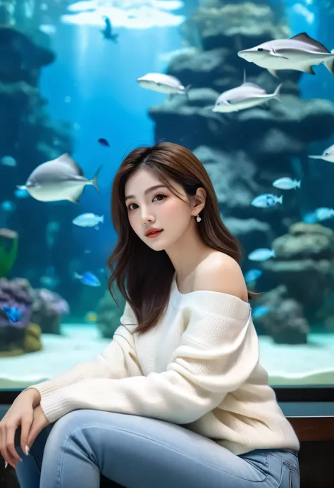 a beautiful woman with black buz cut wearing a white off-shoulder sweater and jeans, sitting in front of a huge aquarium with Stingray in the background, her face in soft focus with intricate skin details, photorealistic, 8k, ultra-detailed,