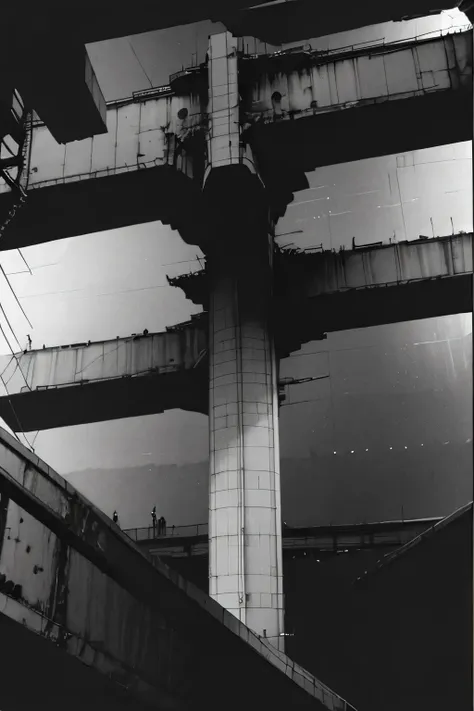 side view of an imposing giant bridge of brutalist stone going across an imense of darkness, (heavy rain), black and white, dark...