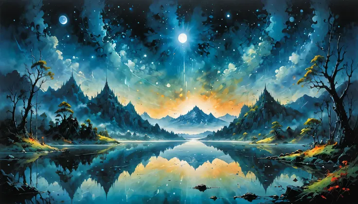 breathtaking art in the style of eiichiro oda, (a mirror lake reflecting not the sky, but vast, unexplored galaxies:1.1), under ...