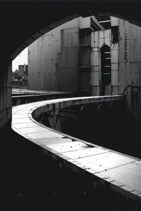 Side view of an imposing giant bridge of brutalist stone going across an imense of darkness, (strong rain), black and white, dark background