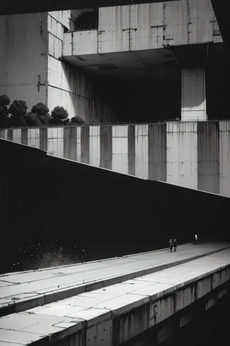 side view of an imposing giant bridge of brutalist stone going across an imense of darkness, faint rain, black and white, dark b...