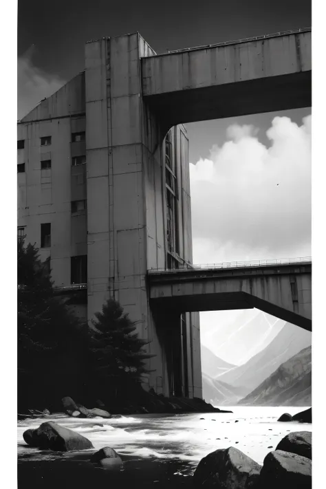 side view of an imposing giant bridge of brutalist stone going across an imense of darkness, faint rain, black and white, dark b...