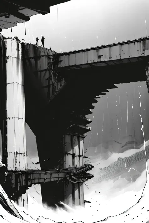 side view of an imposing giant bridge of brutalist stone going across an imense of darkness, faint rain, black and white, dark b...