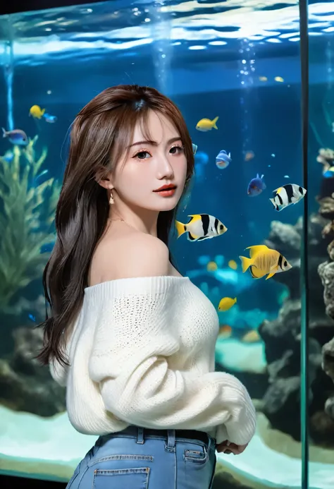 (Highest quality, High quality photo, Photorealistic, Full Shot::1.5, 8k, 32k, HIMESANA)a beautiful woman with black buz cut wearing a white off-shoulder sweater and jeans, huge aquarium background, Looding at a Big fih inside aquarium her face with intric...