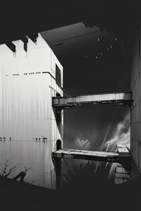 Side view of an imposing giant bridge of brutalist stone going across an imense of darkness, faint rain, black and white, dark background