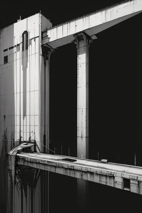 side view of an imposing giant bridge of brutalist stone going across an imense of darkness, black and white, dark background