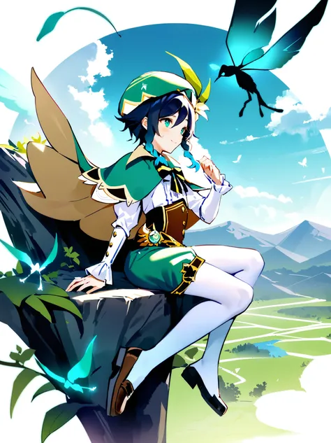 Mihoyo splash art, 1boy, venti_(genshin_impact), dsmile:.5, soft pastel, best quality, absurdres, very aesthetic, flat chest, beautiful bluegreen gradient eyes, shorts, white pantyhose, cape, hat, feathers, clouds, crystalflies, mountains in background, la...