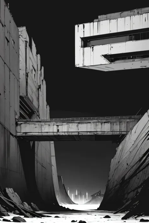 side view of an imposing giant bridge of brutalist stone going across an imense of darkness, black and white, dark background