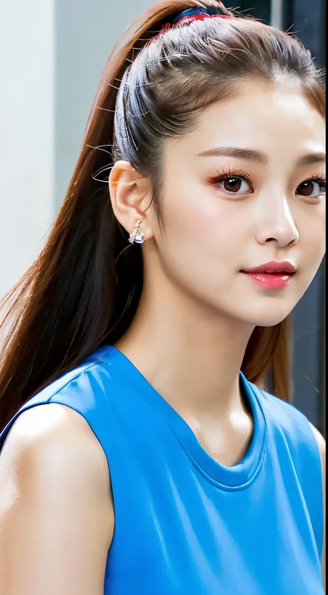 a close up of a woman with a ponytail in a blue top, blackpink jennie, tzuyu from twice, heonhwa choe, beautiful south korean woman, roseanne park of blackpink, wan adorable korean face, cute korean actress, hwang se - on, young adorable korean face, gongb...