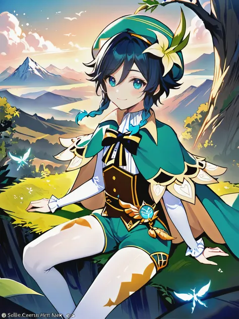 Mihoyo splash art, 1boy, venti_(genshin_impact), dsmile:.5, soft pastel, best quality, absurdres, very aesthetic, flat chest, beautiful bluegreen gradient eyes, shorts, white pantyhose, cape, hat, feathers, clouds, crystalflies, mountains in background, la...
