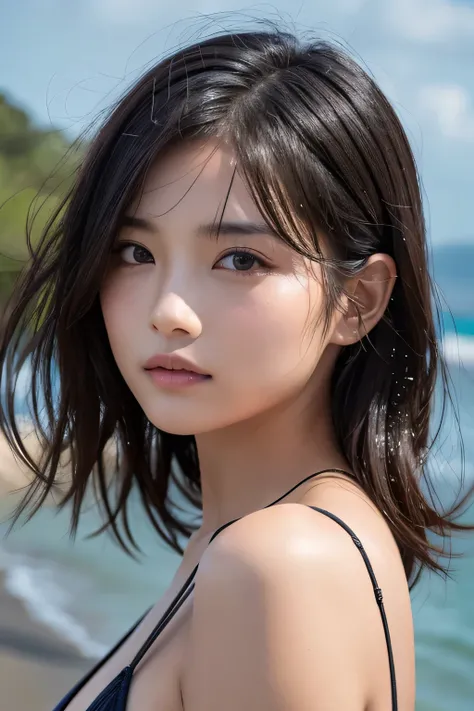 Hair blowing in the wind、Wet Skin、Wet Hair、Wet clothes、(pouring rain)、coastal,A cute girl with a face like a Japanese idol,  (Cinema Lighting),(Natural light),(High level of artistry),(artistic),(Indistinguishable quality from the real thing),{{RAW Photos}...