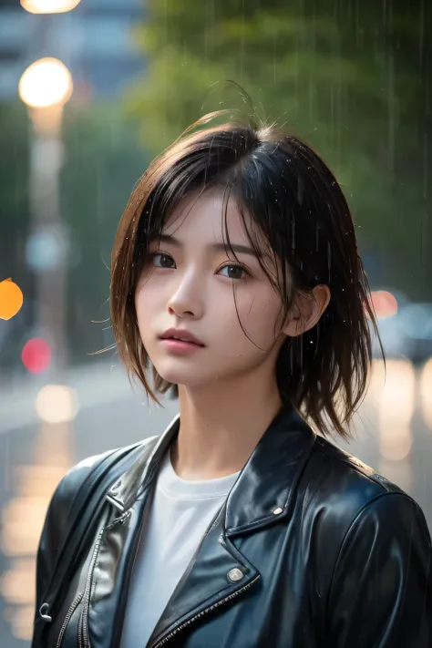 Hair blowing in the wind、Wet Skin、Wet Hair、Wet clothes、(pouring rain)、coastal,A cute girl with a face like a Japanese idol,  (Cinema Lighting),(Natural light),(High level of artistry),(artistic),(Indistinguishable quality from the real thing),{{RAW Photos}...