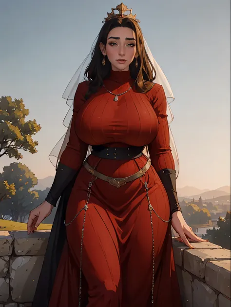 Gorgeous and sultry busty athletic (thin) brunette queen with sharp facial features wearing a modest updo, dark red medieval dress, long sleeves, intricate patterns, scrollwork, wide neck, crown, veil, long dress, modest dress, tight bodice, silver belt, (...