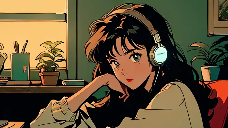 A young woman is sitting comfortably in a modern, cozy room with a cityscape visible through a large window at night. The main object of focus is the woman, who appears to be in her late teens or early twenties. She has long, wavy brown hair and is wearing...
