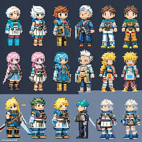 A pixel art character in the style of Super Famicom, with a chibi, three-head-tall design, standing in a neutral pose. The character should be wearing a simple outfit suitable for a fantasy or adventure profession. Create a version of the character as a ma...