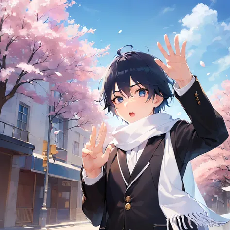 (looking away:1.5),upper body、(Waving gesture:1.5)、
shiny skin, masterpiece、Highest quality、
(20-year-old male:1.5) and (Black short hair) and (blue eyes), 
school uniform, blazer、BREAK(white scarf:1.5)BREAK,open mouth,The background is school、cherry bloss...