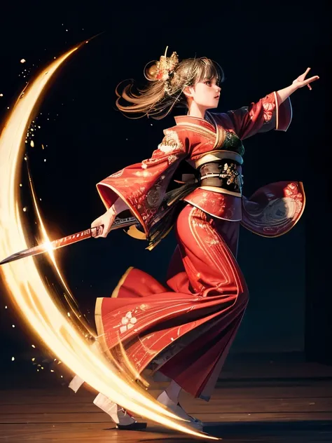 masterpiece, Highest quality, Delicate depiction, Japanese women,Samurai in red kimono, Fabric flowing in the air, moon, Dance, Brilliant steps, Serious look, Sword Handling, 