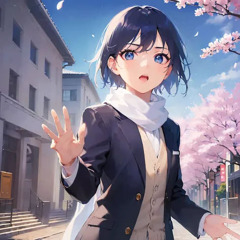 (looking away:1.5),upper body、(Waving gesture:1.5)、
shiny skin, masterpiece、Highest quality、
(20-year-old male:1.5) and (Black short hair) and (blue eyes), 
school uniform, blazer、BREAK(white scarf:1.5)BREAK,open mouth,The background is school、cherry bloss...