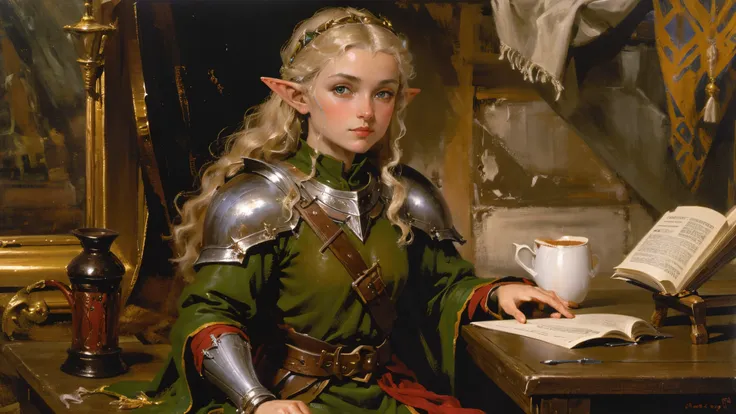 oil painting, medival fantasy, elf knight girl