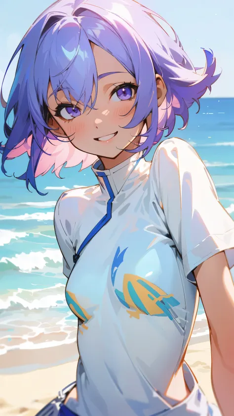 1、solo、18-year-old、Small breasts、Slim figure、smile、Light purple hair、short hair、(Hair between the eyes)、White blouse shirt with ethnic patterns、Laughing with your mouth open、Upper body close-up、Beach Scenery、Soft lighting、Summer mood