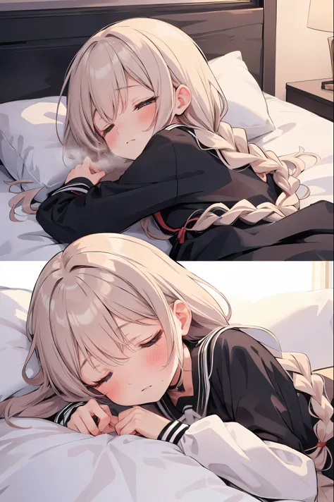 (8k, 最high quality)、Ultra-high resolution、Adorable、最high quality, Absurd beauty, 最high quality, Ultra-high resolution、((Braided Hair))、uniform、 ((Sleeping with eyes closed)) ,Cute Characters, Most detailed, high quality、(missionary, boy, penis, lying, vagi...