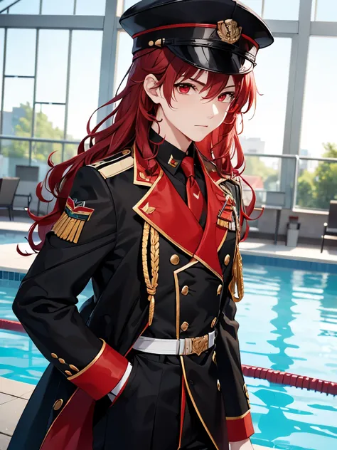 1boy,18 years old,cool,walking in swimming pool,middle parted hairstyle,Curly hair, red hair, red eyes, long hair, vampire, handsome,,half hody photo,,Black army uniform, black army hat,