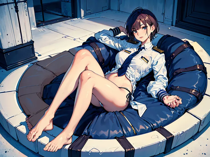 masterpiece, (Perfect Anatomy:1.5), highest quality, 1 lady , slender, leggy, Seductive, (wear a white long sleeved shirt, tie, navy officer winter jacket:1.5), white bikini pantie , barefoot, Perfect hands, Perfect body, reclining, lying on a sofa, leg li...