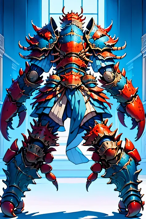 an armored bipedal crab monster, warrior style, blue shell white skin, large fantasy style pincers.