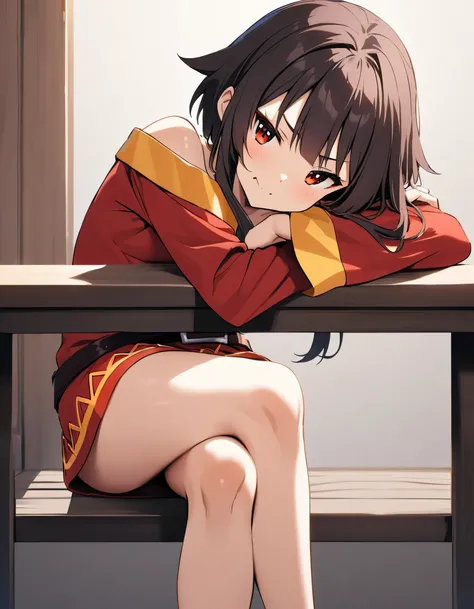 megumin,cheek rest,crossed legs,leaning on table