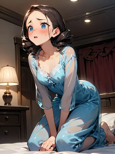 (looking upsideforward view:1.3), solo, 35 years old,brown drill hair, big forehead, sexy eyeliner, blue color nightgown, collarbone, blush,  (blue color see-through), white color lace trimming, (embarrassed and surprised expression), (Im the main characte...