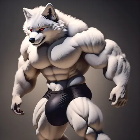 Realistic riped muscular teen arctic fox, red eyes, cute face, full naked, torn black briefs, bulge in crotch